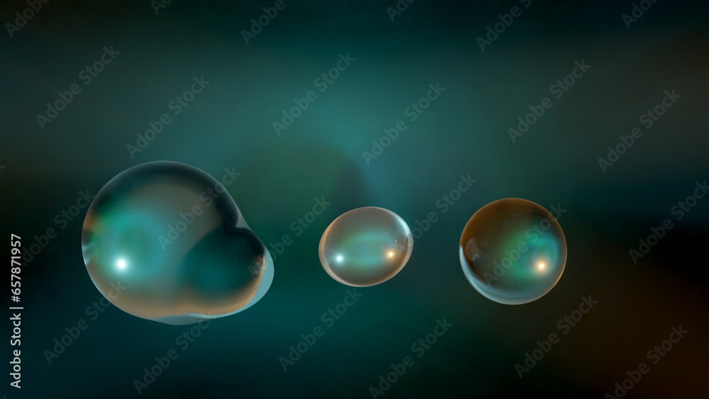 Poster 3d rendering. abstract 3d illustration of transparent liquid droplets in zero gravity. the drops mer