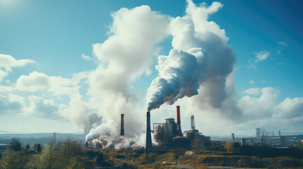 Chimney of a factory with smoke against blue sky. Smokestack, industrial plant, pollution of the environment by harmful emissions into the air. 