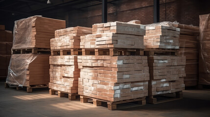 Concept Production of repair and building materials. Pallets and packages of produced red bricks in the warehouse of a construction plant. 