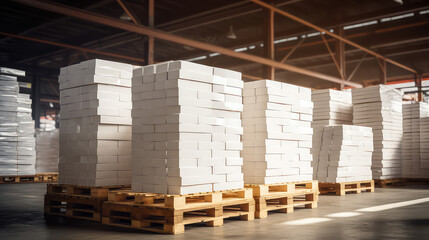 Concept Production of repair and building materials. Pallets and packages of produced white bricks in the warehouse of a construction plant. 