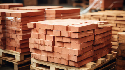 Concept Production of repair and building materials. Pallets and packages of produced red bricks in...