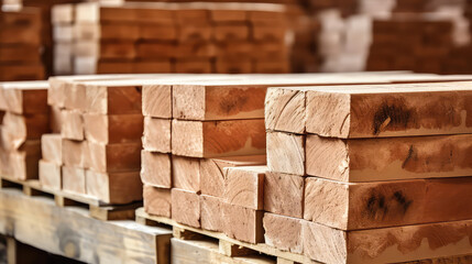 Concept Production of repair and building materials. Pallets and packages of produced red bricks in the warehouse of a construction plant. 