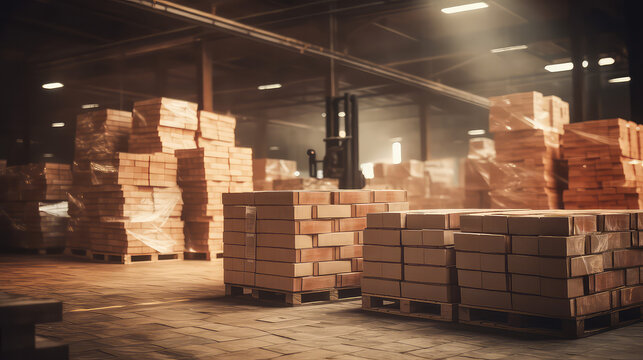 Fototapeta Concept Production of repair and building materials. Pallets and packages of produced red bricks in the warehouse of a construction plant. 