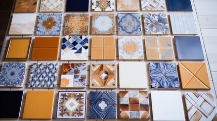 Samples of wall tiles. Assortment of tiles with different colors for bathroom and kitchen renovation and design.