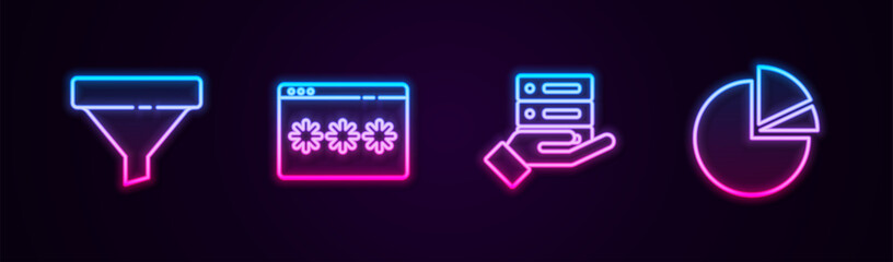 Set line Sales funnel, Password protection, Server, Data, Web Hosting and Pie chart infographic. Glowing neon icon. Vector