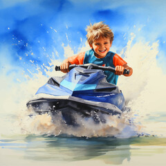 Fototapeta na wymiar Little boy riding jetski watercolor painted
