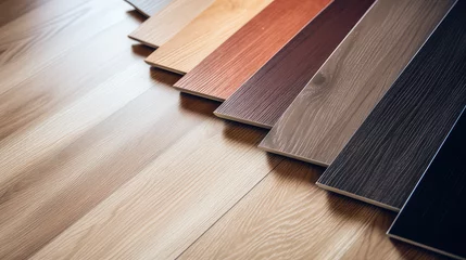 Deurstickers Wood laminate floor square samples, vinyl tile. Assortment of parquet or laminate floor samples in natural colors. Oak wooden background.  © dinastya