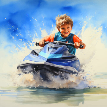 Little boy riding jetski watercolor painted