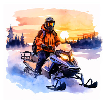 Snowcross in sunset watercolor hand painted ilustration.