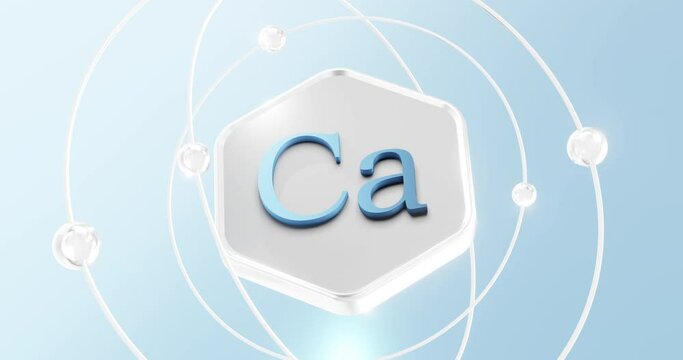 Calcium symbol - Ca located on a hexagon with atoms and orbits rotating around the chemical element. alkaline earth metal calcium