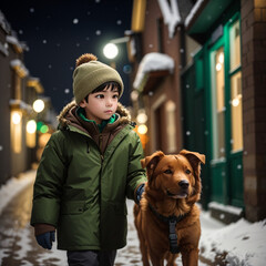 boy with dog on a walk