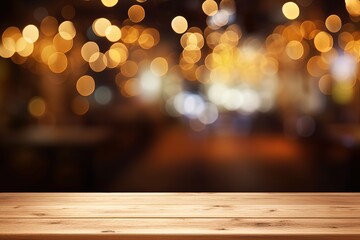 wooden table with blur lights bokeh background