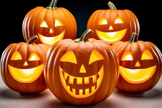Halloween pumpkins with candles on dark background. Halloween pumpkins with scary faces on grey background. 3d illustration