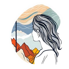 simple flat 2d logo style cute young woman overlooking the mountain view abstract vector lines illutsration picasso style white background facing away 