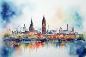 An artwork depicting Glasgow skyline done in watercolor. Generative AI - obrazy, fototapety, plakaty