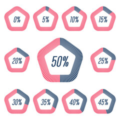 Set of pentagon shape percentage diagrams vector illustration.Pentagon percentage charts.