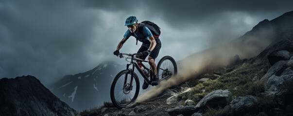 Mountain biker navigating a challenging terrain