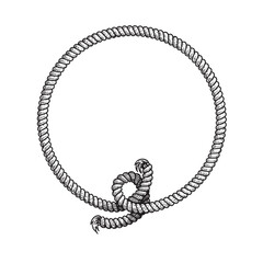 Hand drawn circle rope frame with free style node. Sketch nautical design element. Best for marine and western designs. Vector illustration isolated on white.