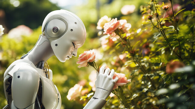 Robot humanoid is smelling flowers in the garden. Futuristic concept