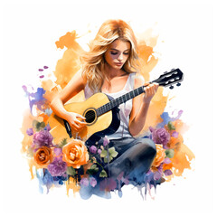 Obraz na płótnie Canvas Beautiful girl playing guitar watercolor hand painting vector ilustration