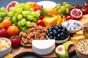 Plate with different healthy products on wooden table, closeup. Balanced diet
