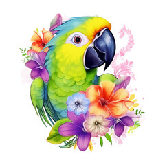 Fototapeta premium Parrot surrounded by flowers watercolor hand painted
