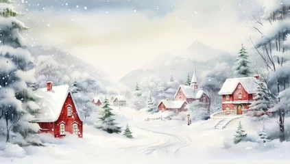 Fotobehang a watercolor painting of a winter village Generative AI © SKIMP Art