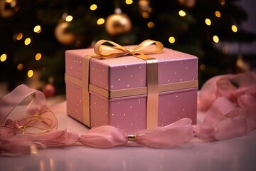 Pink present wrapped in a gold ribbon under a bokeh Christmas tree