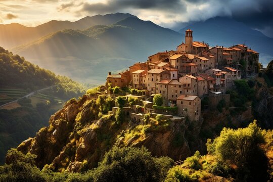 Breathtaking view of Evisa, a hilly village in Corsica, France. Generative AI
