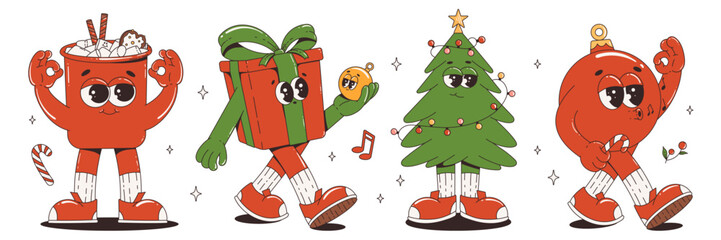 Christmas cartoon characters set in retro groovy style. Hot cocoa, christmas tree, gift box, toy. Happy New Year in vintage style 60-70s.