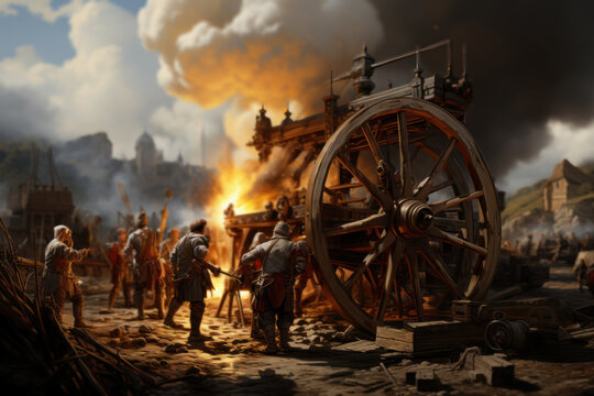 A medieval siege engine, such as a trebuchet, launching projectiles in a medieval siege. Generative Ai.