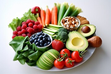 Plate with fresh fruits and vegetables on color background, top view. Plate with fresh fruits and vegetables on color background