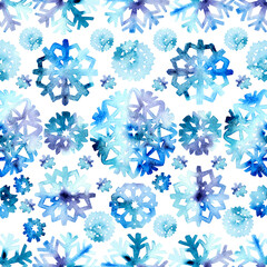 Seamless winter pattern. Watercolour snowflakes. Frost crystals drawn by hand. Hand drawn illustration on a white background. For fabric, sketchbook, wallpaper, wrapping paper.