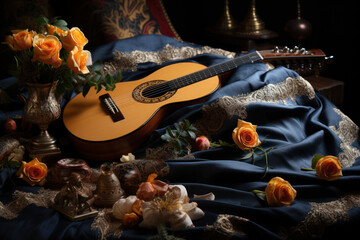A medieval troubadour's lute and a lady's handkerchief, symbols of courtly love in medieval...