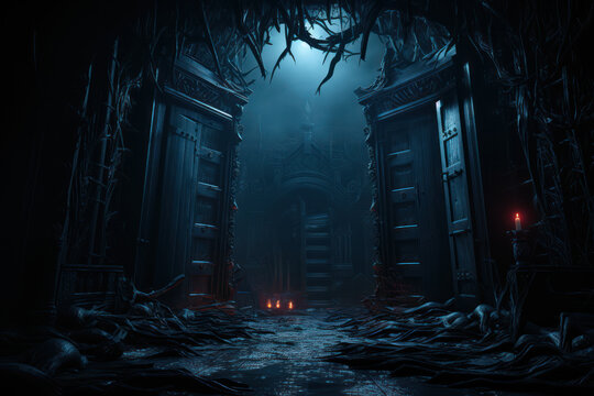 A spooky spiderweb-covered doorway leading into a dimly lit haunted house attraction. Generative Ai.