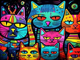 Fototapeta na wymiar Abstract Cats and Spiky Mounds: UHD Cartoon Gang
