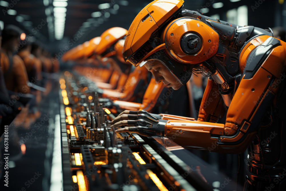 Poster a futuristic automated assembly line with robots efficiently manufacturing products. generative ai.