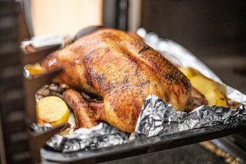 Close-up photo of an open oven on a tray on a wire rack in foil, turkey chicken or duck stuffed,...