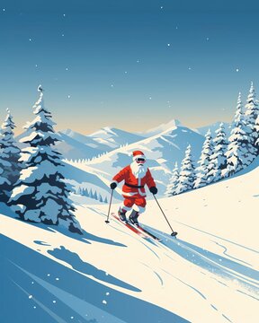 Santa Claus Enjoying a Ski Adventure in the Majestic Mountains