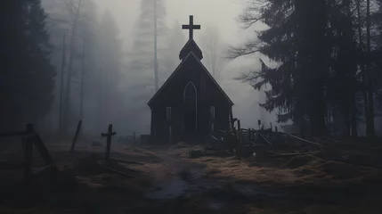 Foto op Canvas Una iglesia abandonada y en ruinas con una cruz, rodeada de un bosque oscuro y brumoso, atmósfera inquietante. © KevinUriel
