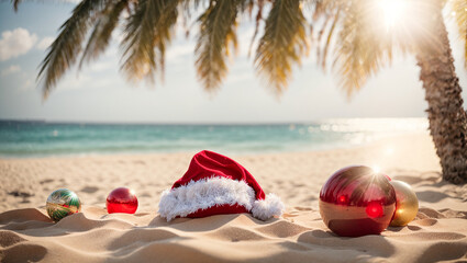 Santa's hat, sea beach, Christmas balls