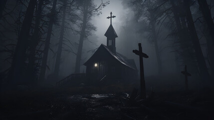 Una iglesia abandonada y en ruinas con una cruz, rodeada de un bosque oscuro y brumoso, atmósfera inquietante. - obrazy, fototapety, plakaty