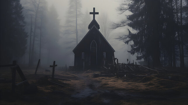 Una iglesia abandonada y en ruinas con una cruz, rodeada de un bosque oscuro y brumoso, atm&oacute;sfera inquietante.