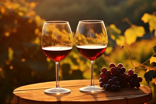 wine glasses in vineyard. Generative AI