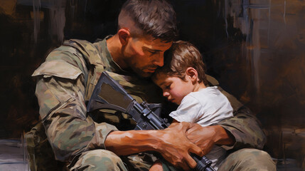 Military man father hugs son