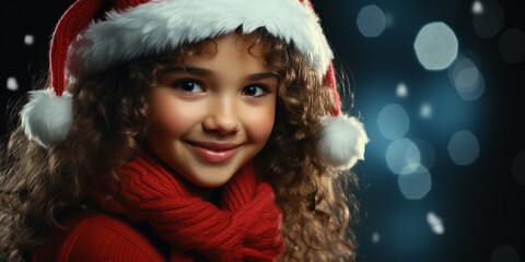 Junges hübsches lebensfrohes Mädchen mit schönen Locken und Weihnachtsmütze lacht in die Kamera Nahaufnahme im Querformat für Banner, ai generativ - obrazy, fototapety, plakaty