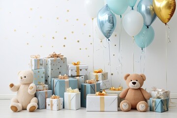 Birthday decorations with teddy bear and some gift boxes, toys, and balloons