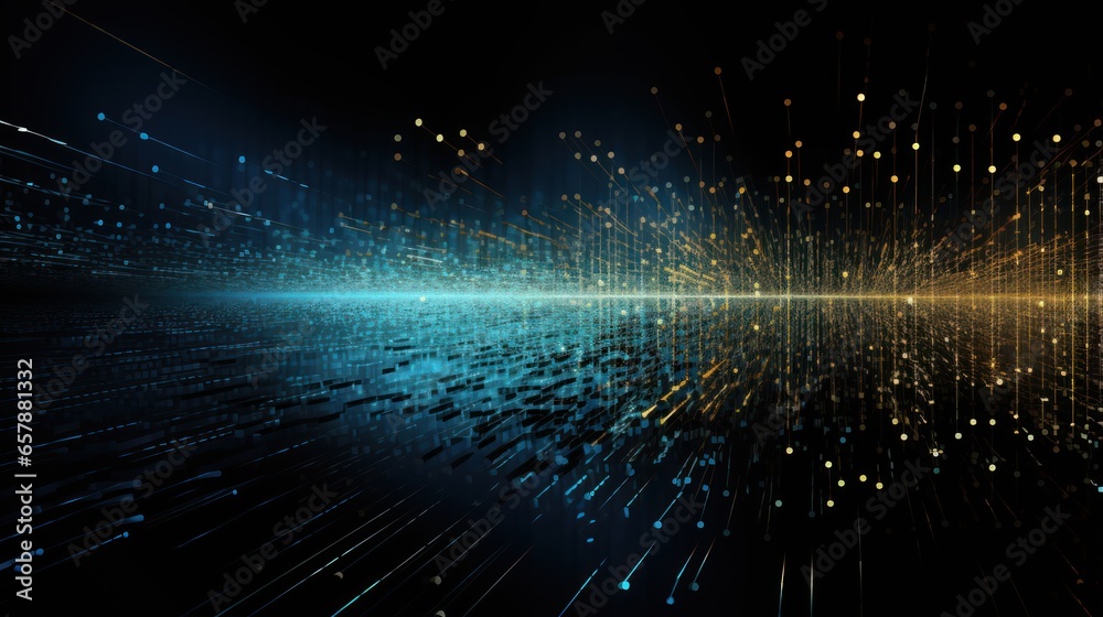 Poster abstract background where technology particles weave together lines of code, illustrating the interc