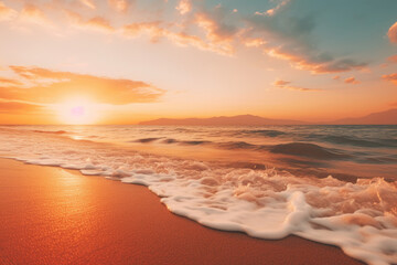 Beach scene with a tranquil sea and a vibrant sunset