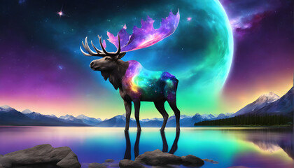 cosmic energy glowing elk capturing starlight aurora borealis, concept Animals, generative ai	 - obrazy, fototapety, plakaty